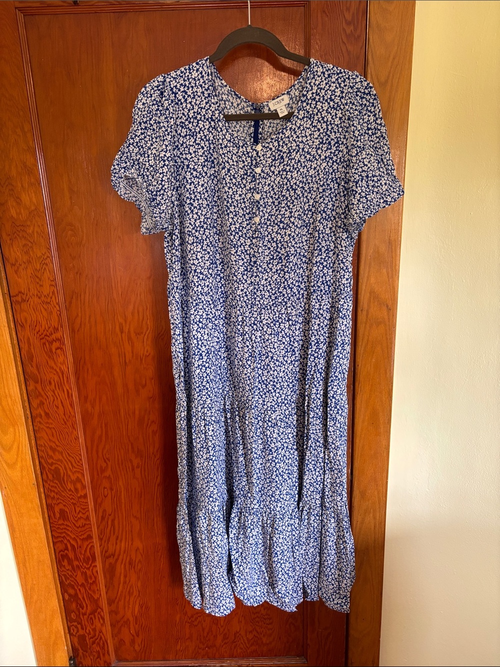 Blue Floral Midi Dress - Small White Daisy Pattern